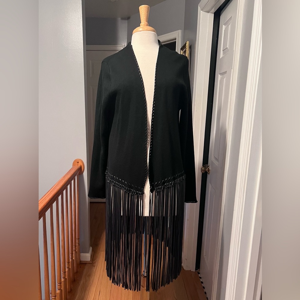 Black Katherine Barclay cardigan with bow leather fringe